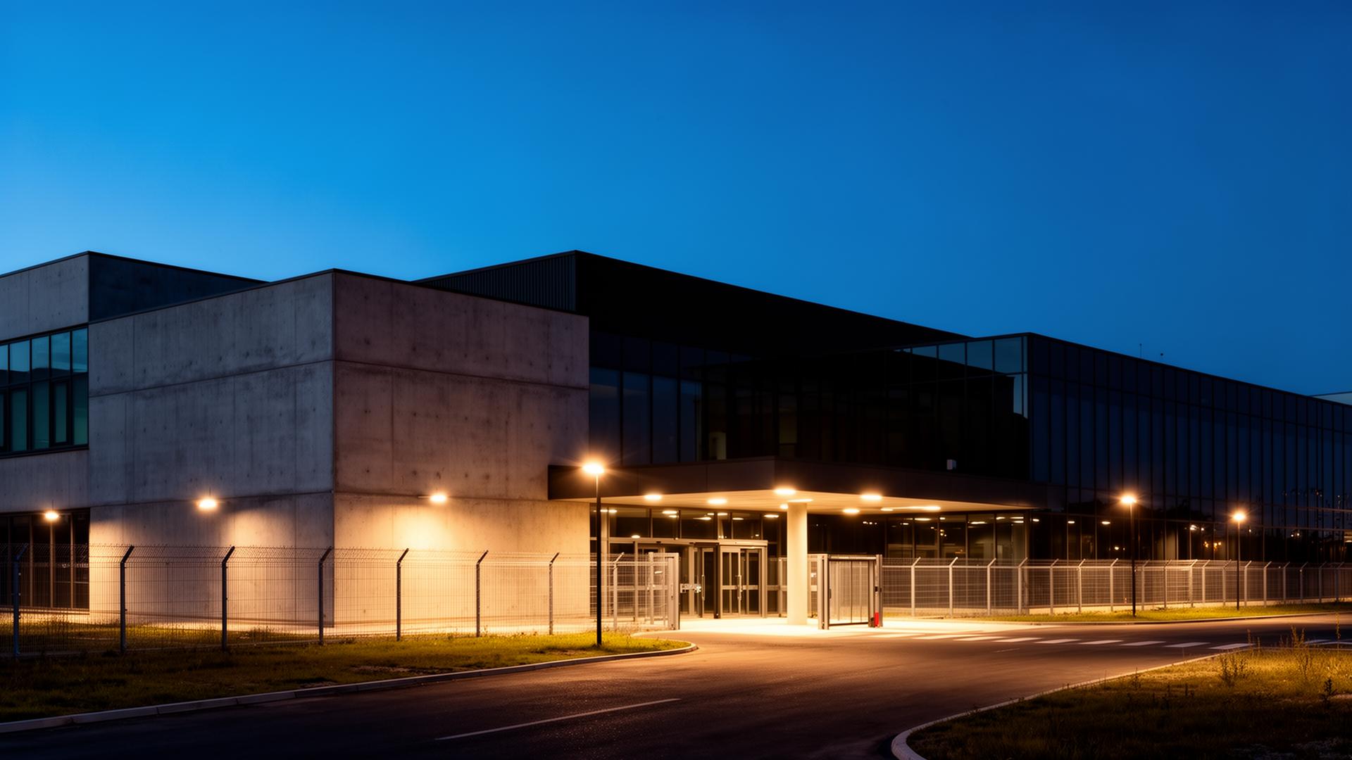 Bixi Tech secure technology facility exterior at twilight